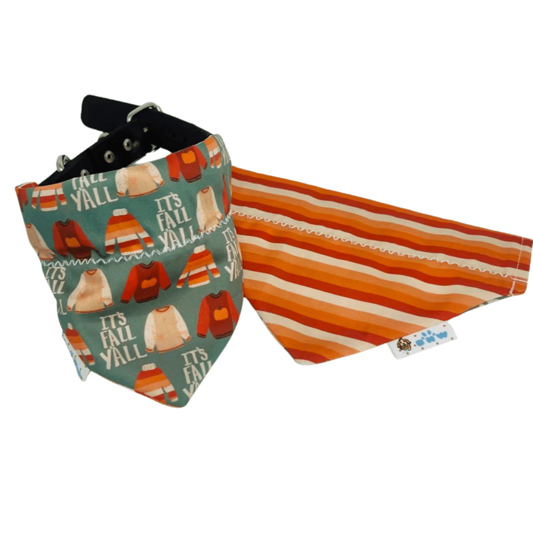 Handmade Reversible Fall Dog Bandana - Cozy Sweaters & Orange Stripes - Briggs 'n' Wiggles