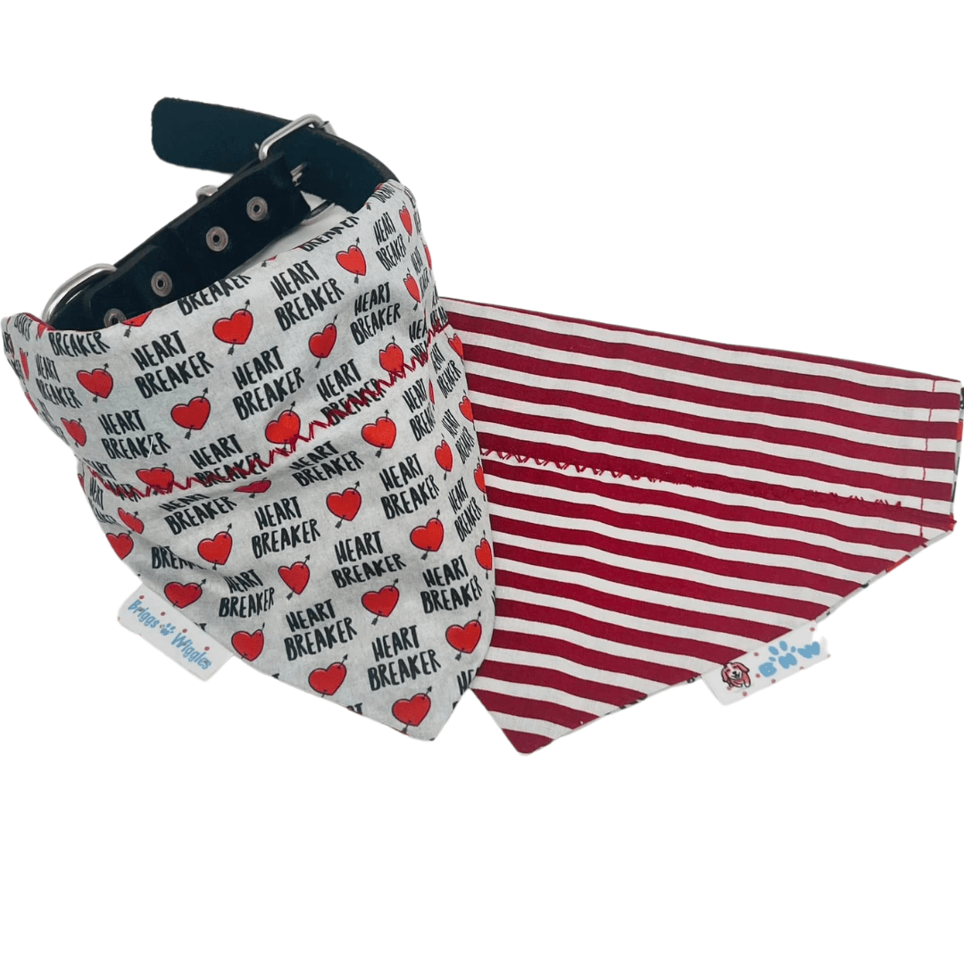 Heartbreaker Valentine's Day dog bandana with a gray background, heartbreaker text, and Cupid Heart design, featuring a reversible side for versatile pet wear.