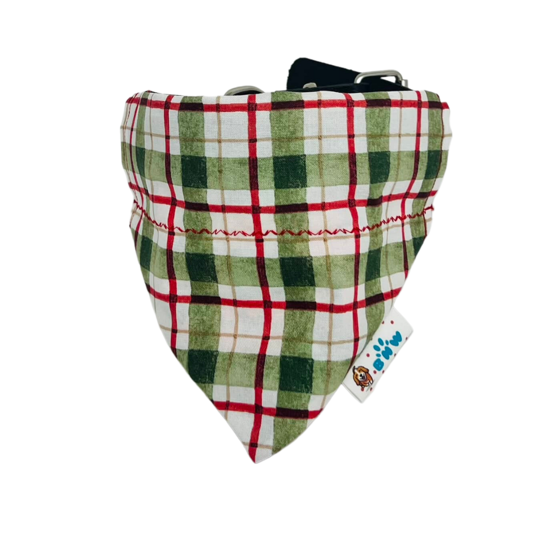 Reversible Christmas Plaid dog bandana red, green and gold metallic tones.