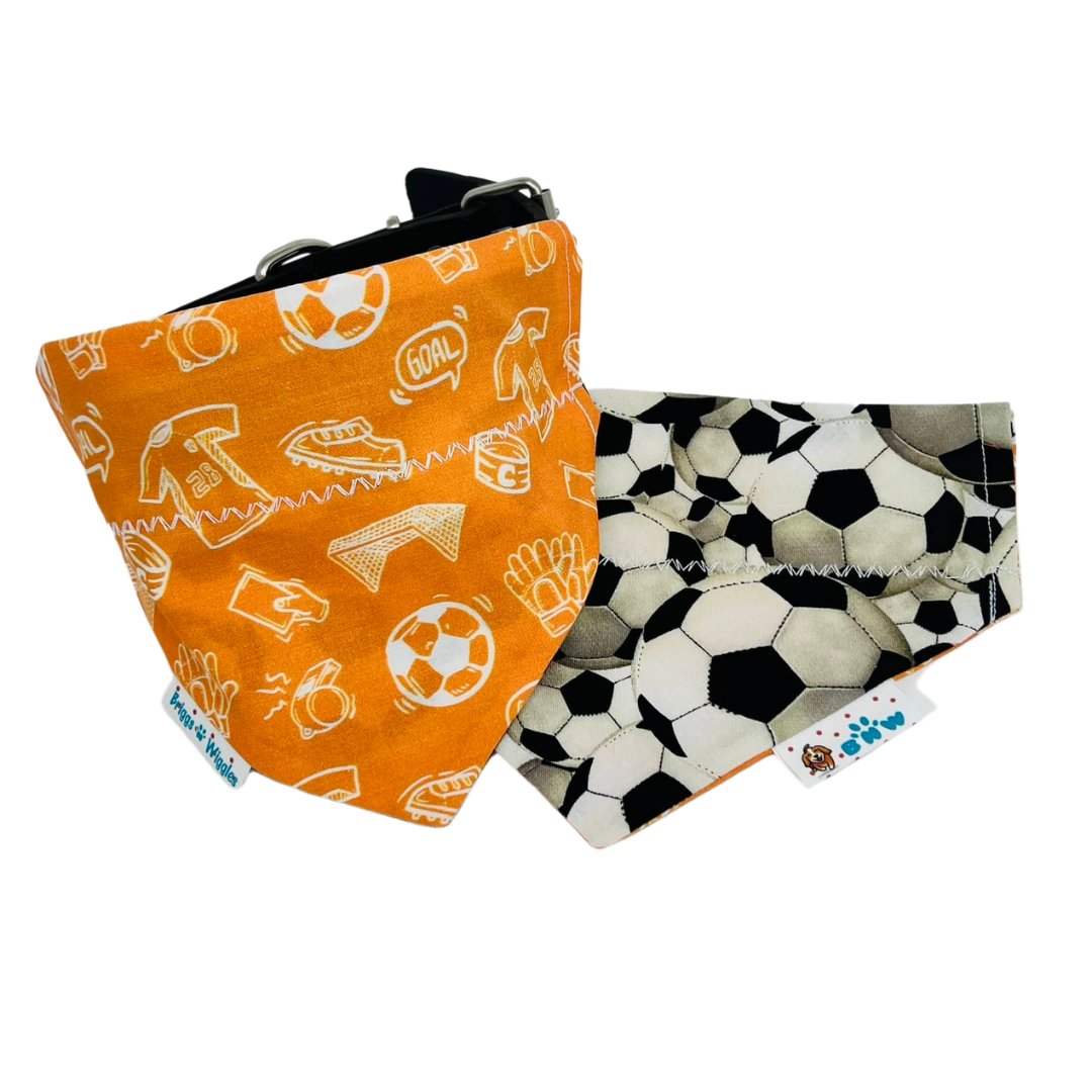 Houston Dynamo-inspired reversible dog bandana attached to a collar, showcasing the vibrant orange and white front design. The perfect soccer accessory for game days and Houston soccer fans.