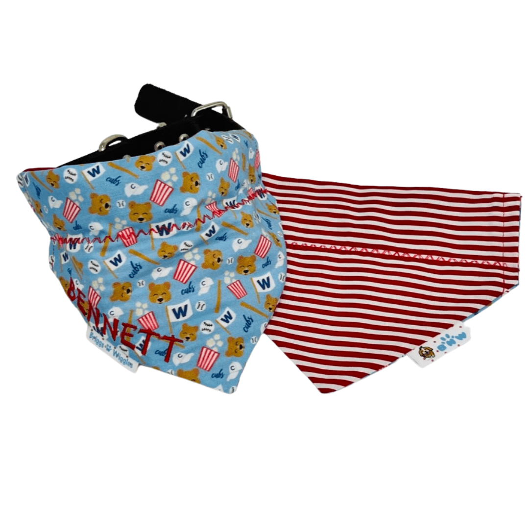 Reversible Chicago Cubs Inspired Dog Bandana - Popcorn, Baseballs, W Flag & Cubs - Briggs 'n' Wiggles