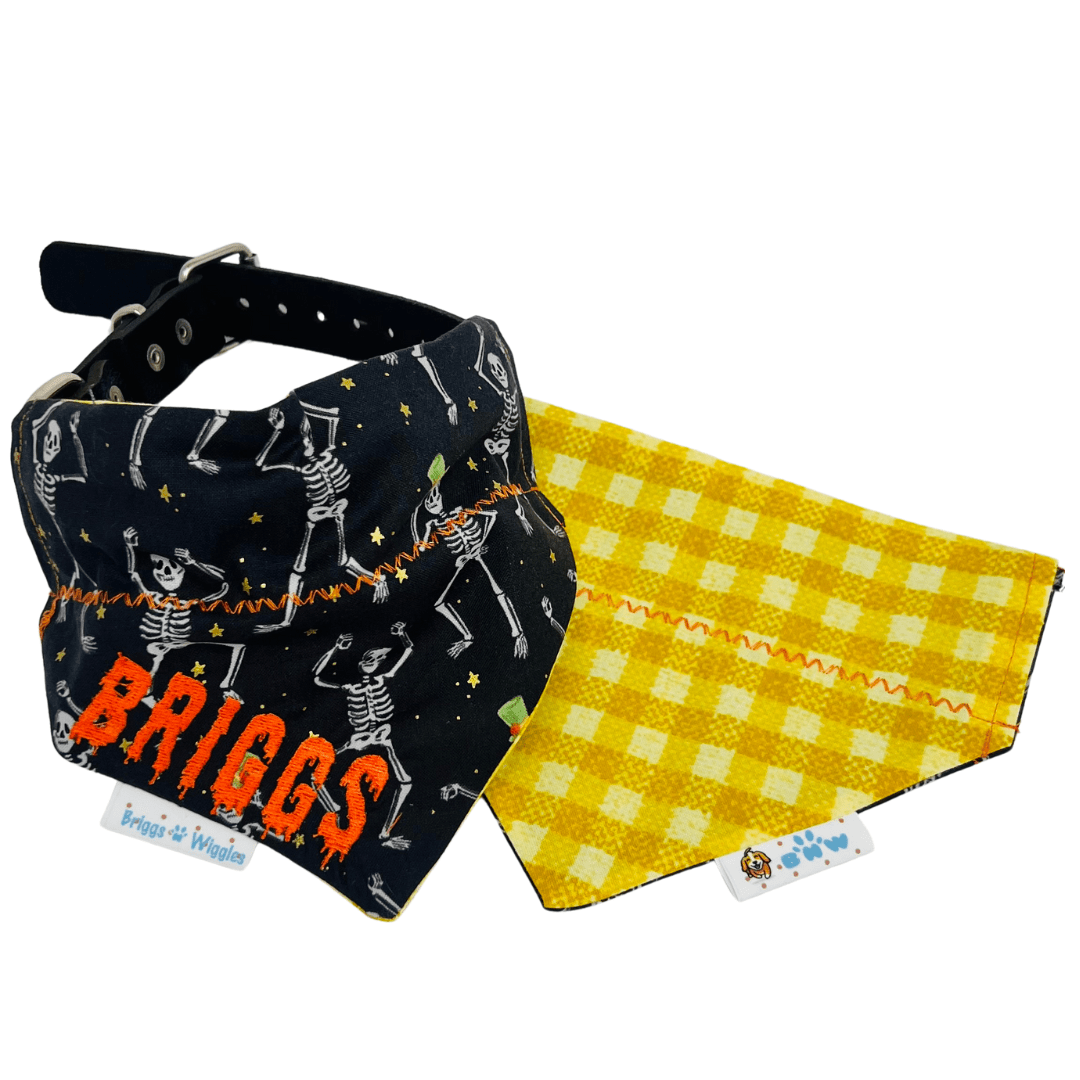 Spooky Chic – Dancing Skeletons Halloween Reversible Dog Bandana - Briggs 'n' Wiggles