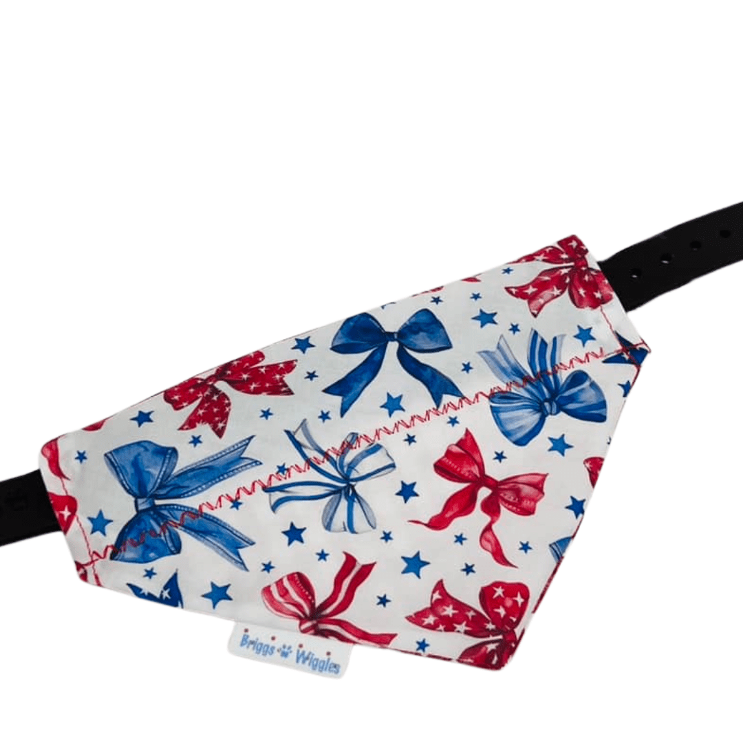 Stars & Sweet Bows Reversible Dog Bandana - Patriotic Red, White, & Blue with Plaid - Briggs 'n' Wiggles