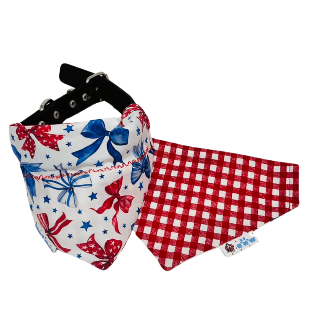 Stars & Sweet Bows Reversible Dog Bandana - Patriotic Red, White, & Blue with Plaid - Briggs 'n' Wiggles