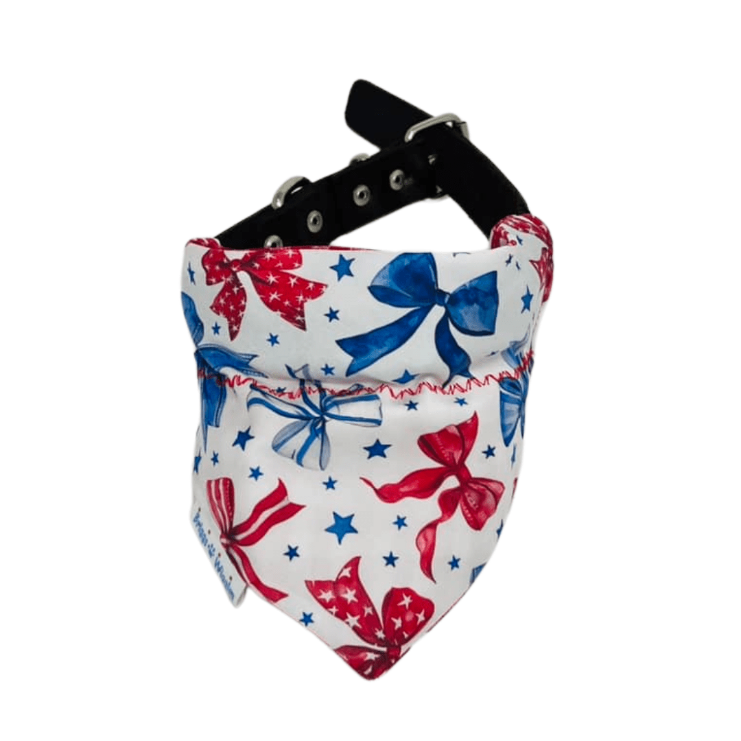 Stars & Sweet Bows Reversible Dog Bandana - Patriotic Red, White, & Blue with Plaid - Briggs 'n' Wiggles