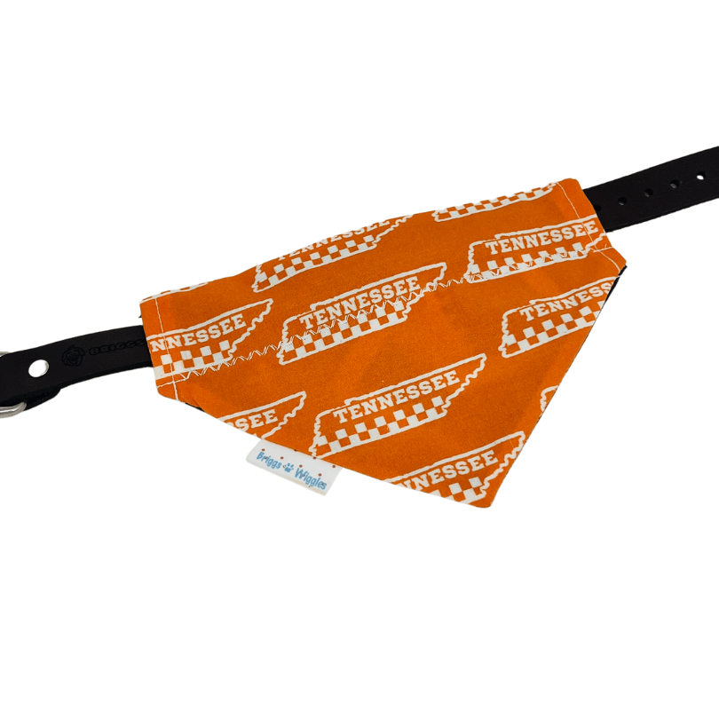 Tennessee Vols Dog Bandana - Orange with White Tennessee Print - Briggs 'n' Wiggles