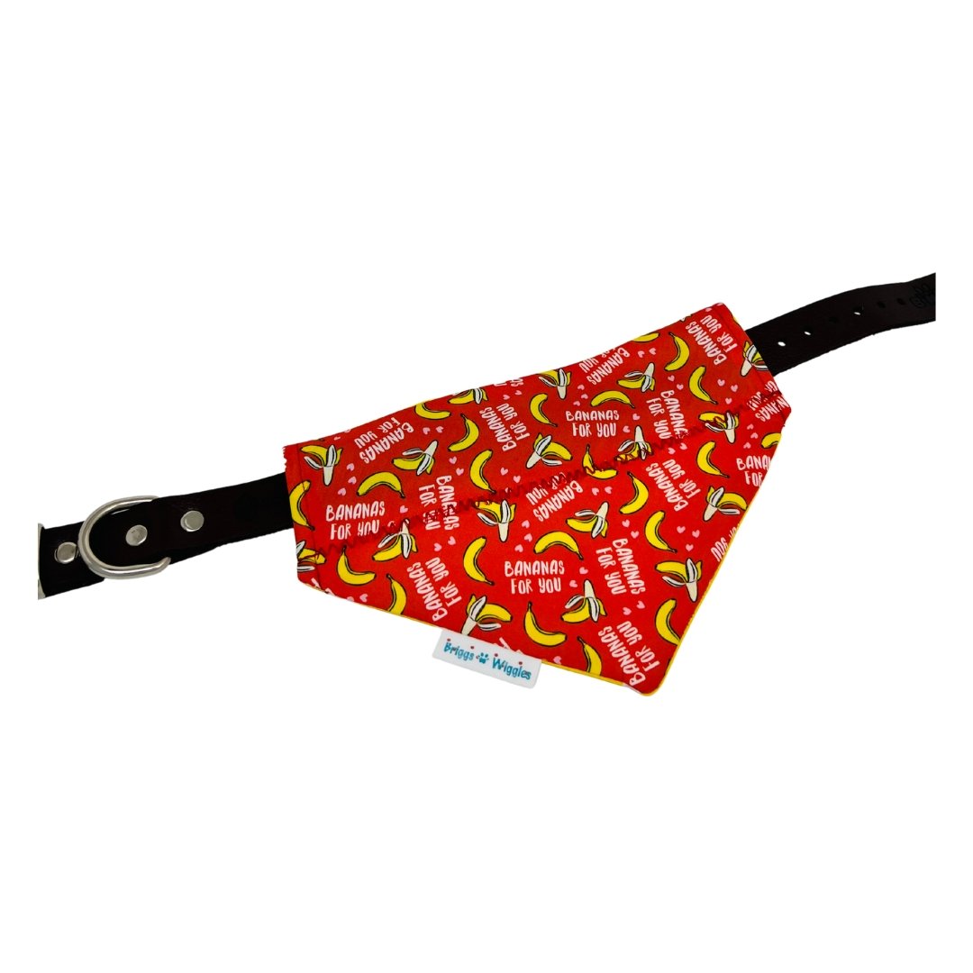 Bananas For You Dog Bandana  displayed on a collar, showcasing the red background with yellow bananas and reversible handmade design.