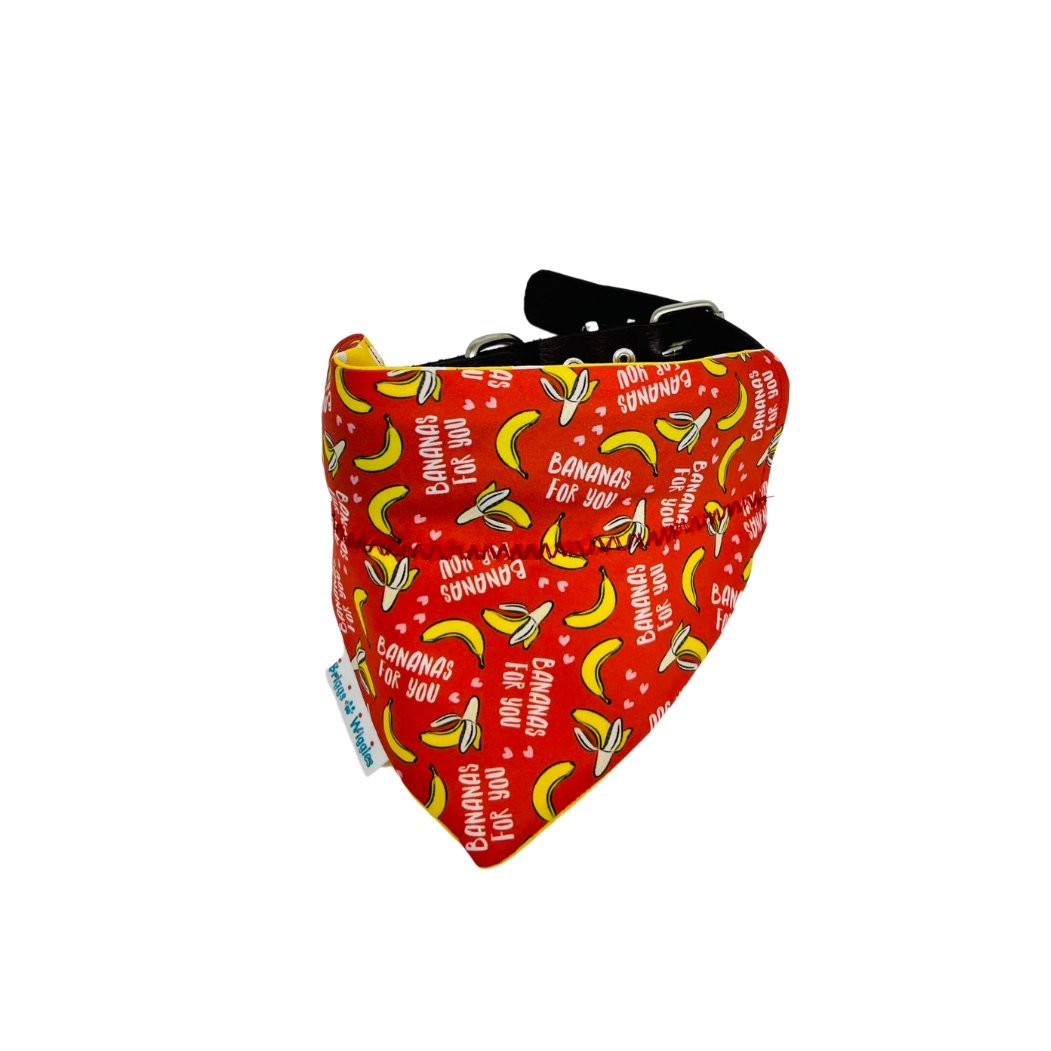 Close up of Bananas For You Dog Bandana featuring a red background with playful yellow banana design, ideal for Valentine's day or everyday wear.