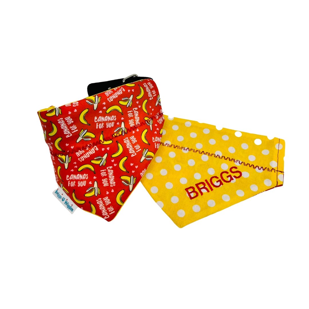 Bananas For You Dog Bandana - showing red background with yellow bananas on the front and reversible side for versatile, fun pet fashion.