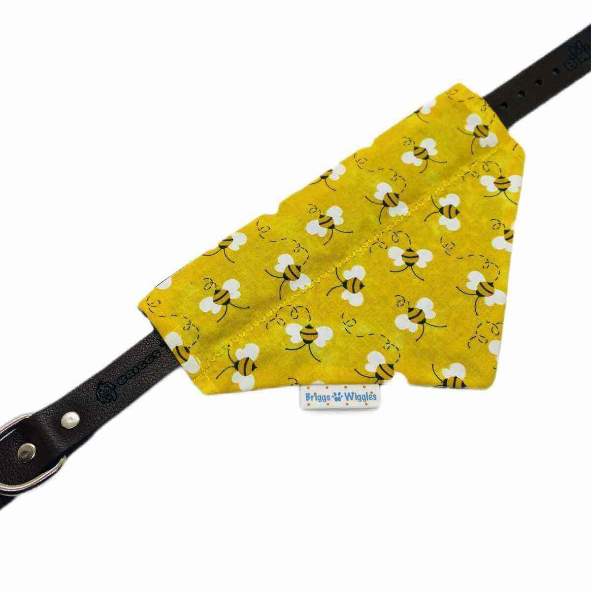 Buzzin' with Betty bandana shown on the collar, showcasing a yellow background with floating bees.