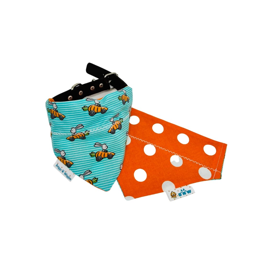 Flat lay of Bunny Joyride dog bandana showing the front and the reverse side. s