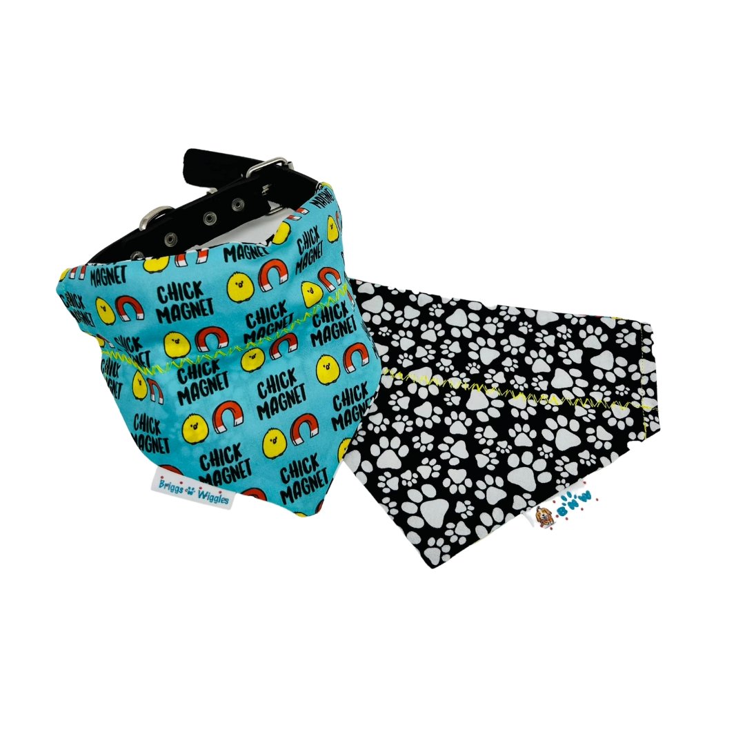 Flat lay of bandana showing the chick magnet and horseshoe front and reverse side.