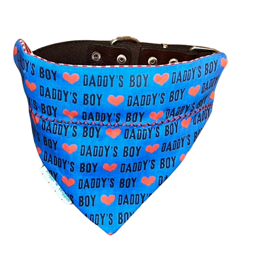 Daddy's Boy dog bandana with a blue background, red hearts, and bold text design, a perfect accessory for proud daddy's boy dogs.