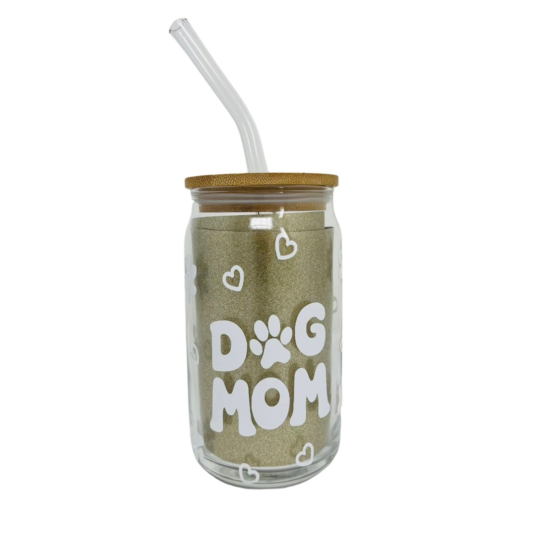 Dog MOM or Dog DAD 16oz Clear Glass Cup with Bamboo Lid, Jar Can with Splash-proof Lid and Straw - Briggs 'n' Wiggles