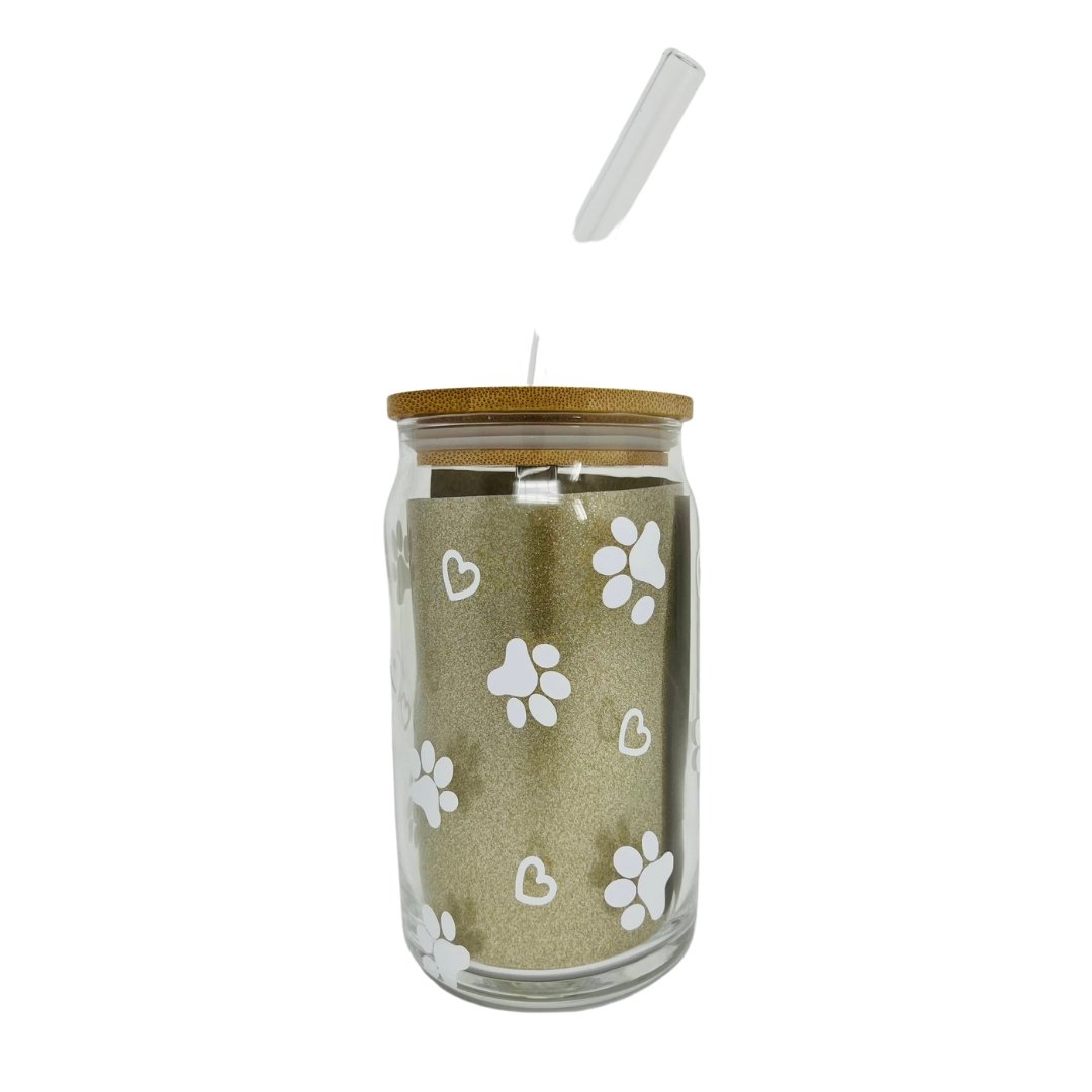 Dog MOM or Dog DAD 16oz Clear Glass Cup with Bamboo Lid, Jar Can with Splash-proof Lid and Straw - Briggs 'n' Wiggles