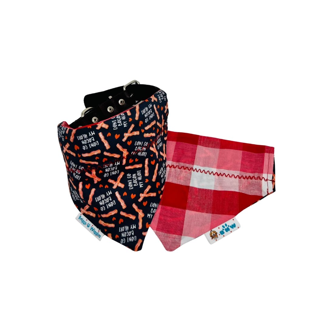 DON'T GO BACON MY HEART Dog Bandana showing front text design and reversible side, perfect for Valentines's Day and stylish everyday wear.