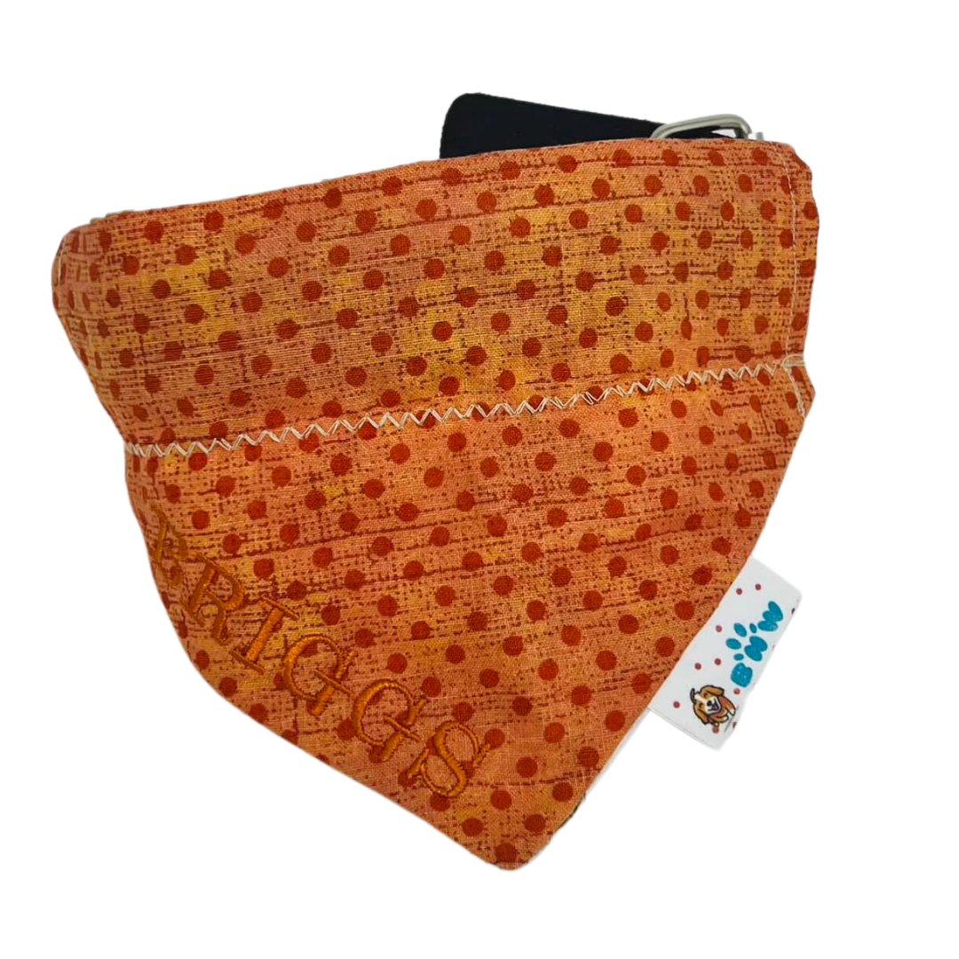 Reverse side of the elegant fall og bandana featuring rich burnt orange fabric with small polka dots, handmade for seasonal and Thanksgiving dog style.