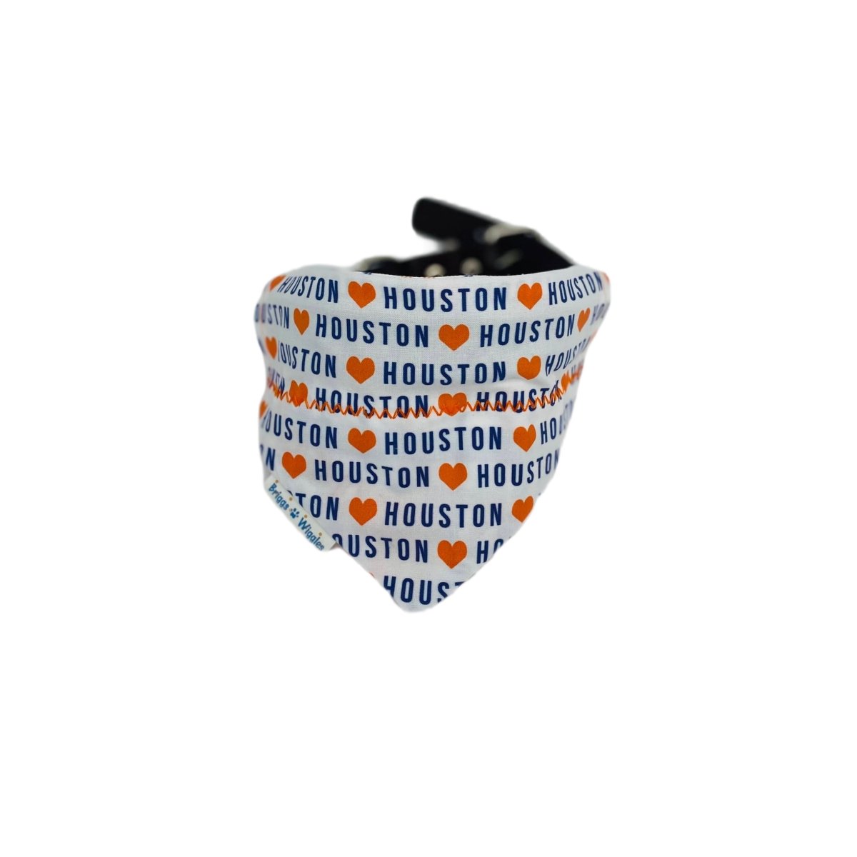 Front of the Houston inspired dog bandana featuring 'Houston' in bold blue letters and an orange heart on a crisp white background.