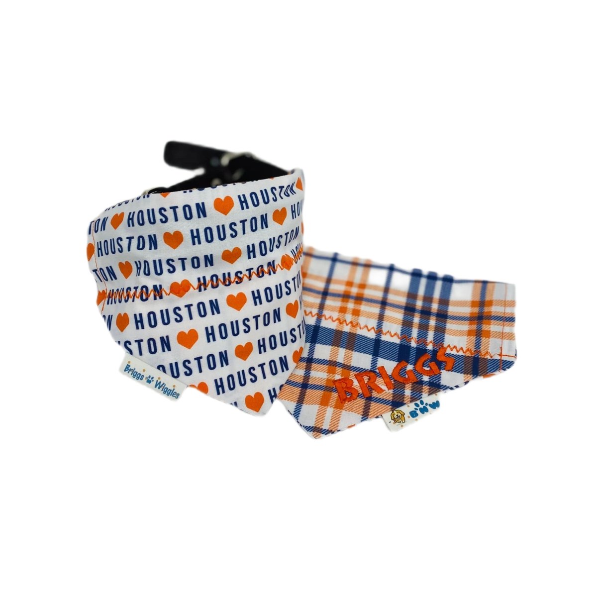 Reversible Houston inspired dog bandana showing the front design with 'Houaton' in blue and an orange heart on a white background, and the complimentary reverse side.