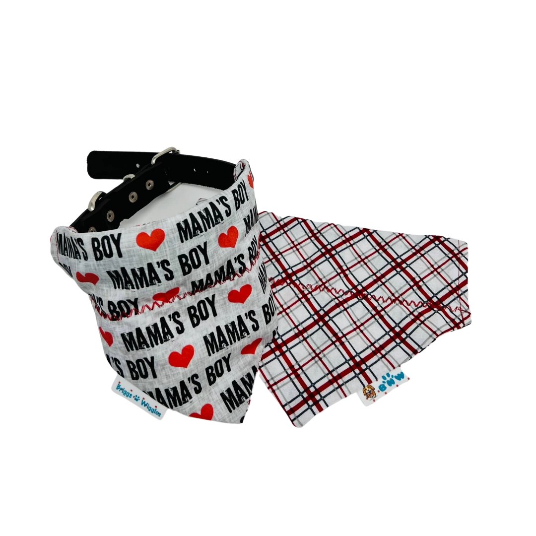 Gray Mama's Boy reversible dog bandana showing the front with 'Mama's Boy' text with red heart and a stylish reverse design, perfect for fashionable pets.