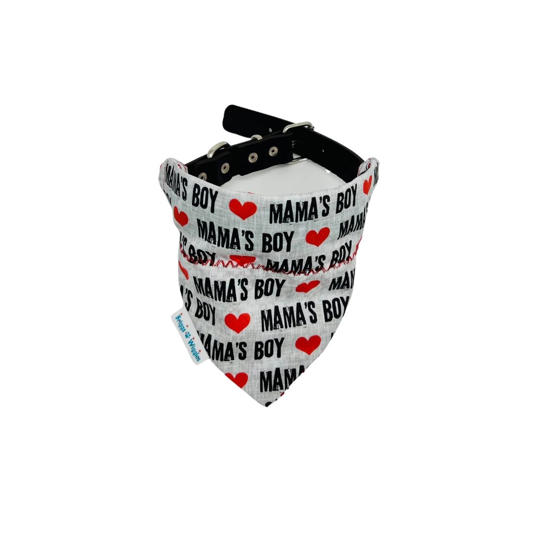 Mama's Boy dog bandana with a gray background, red hearts, and bold text design, a perfect accessory for proud mama's boy dogs.