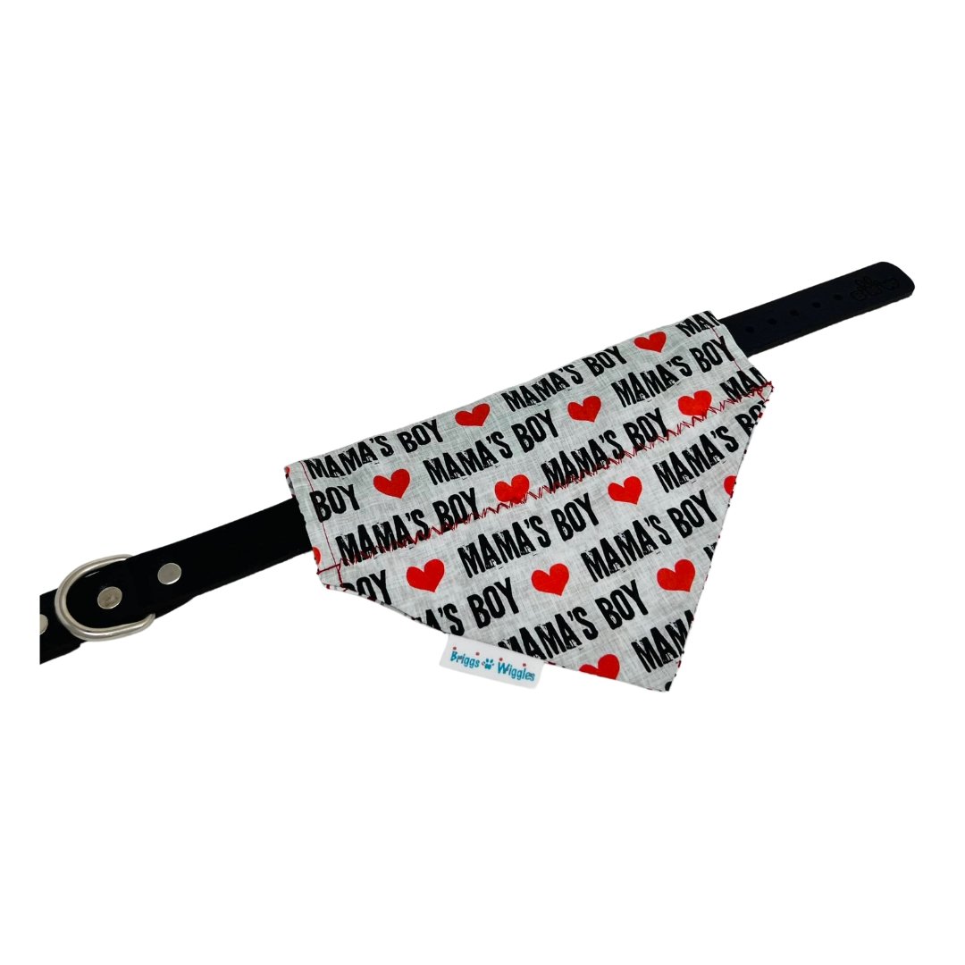 Gray Mama's Boy reversible dog bandana displayed on a collar, featuring bold text on one side and a versatile design for everyday wear!