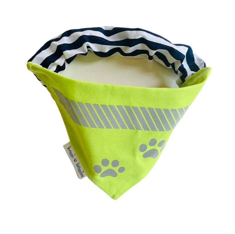Reflective dog bandana in Neon Green, handmade safety design by Briggs ‘n’ Wiggles.