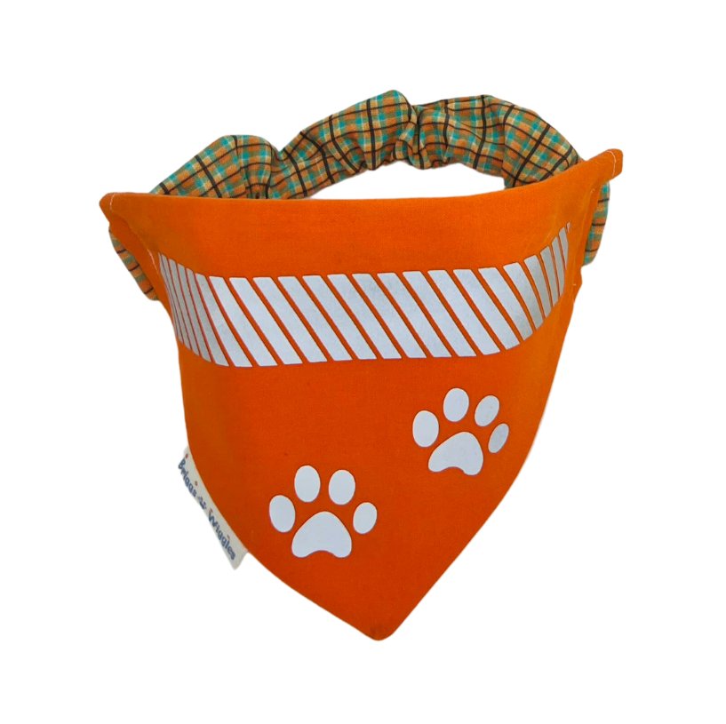 Reflective dog bandanna in Neon Orange, handmade safety design by Briggs ‘n’ Wiggles.