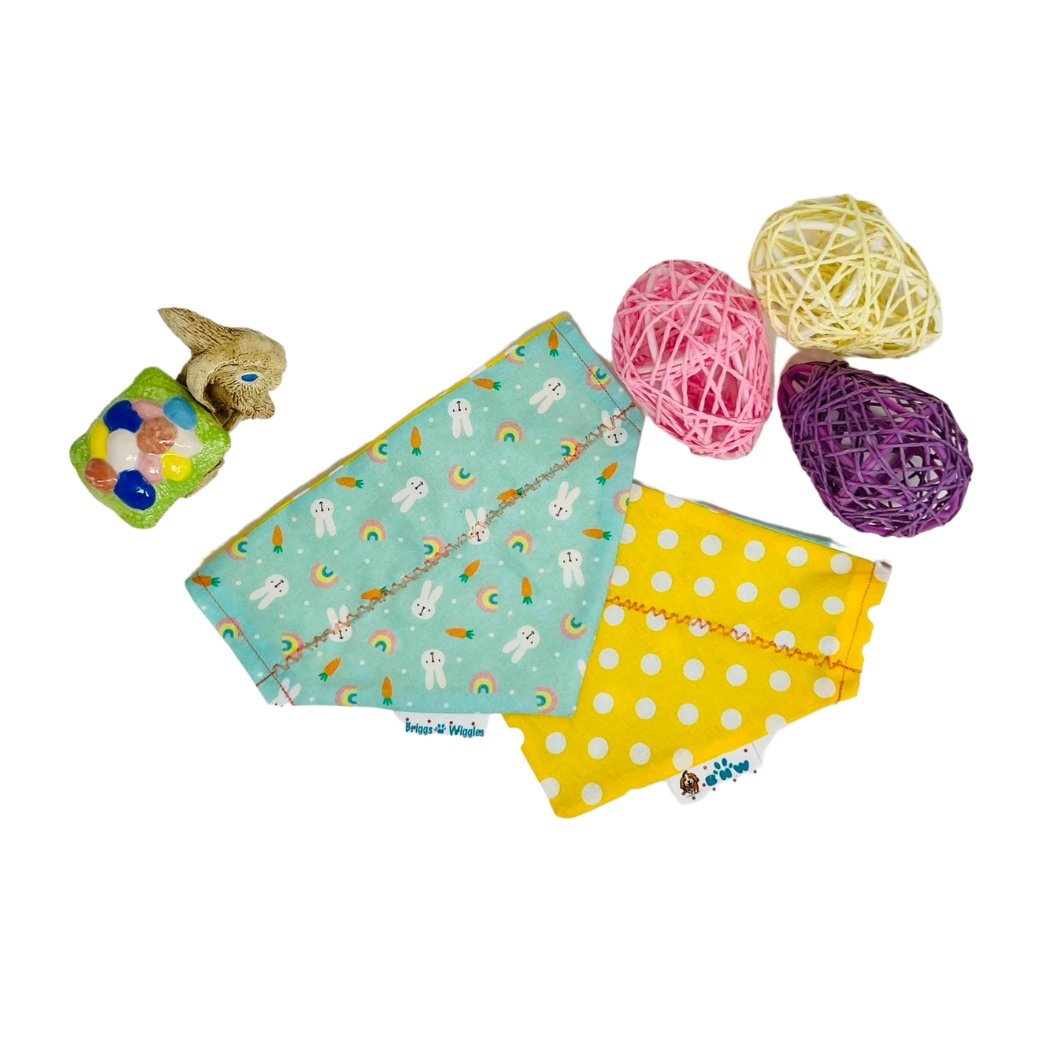 Showing front side with bunnies and rainbows, reverse side yellow and white polka dots.