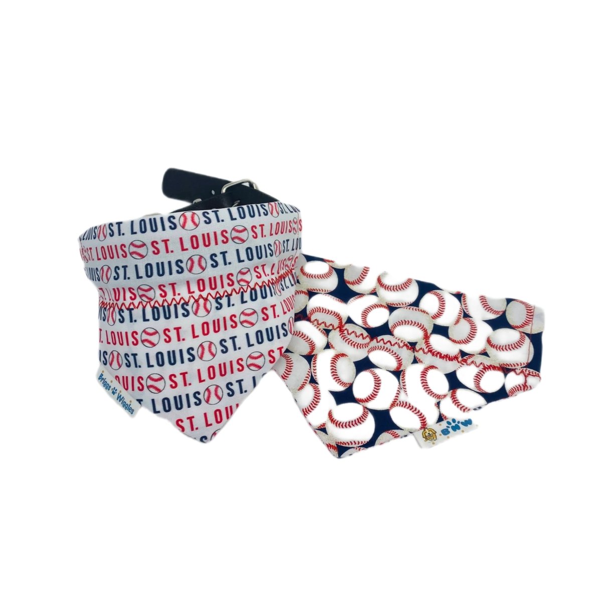 Reversible St. Louis Cardinals dog bandana showing a baseball themed design with St. Louis written in team colors.