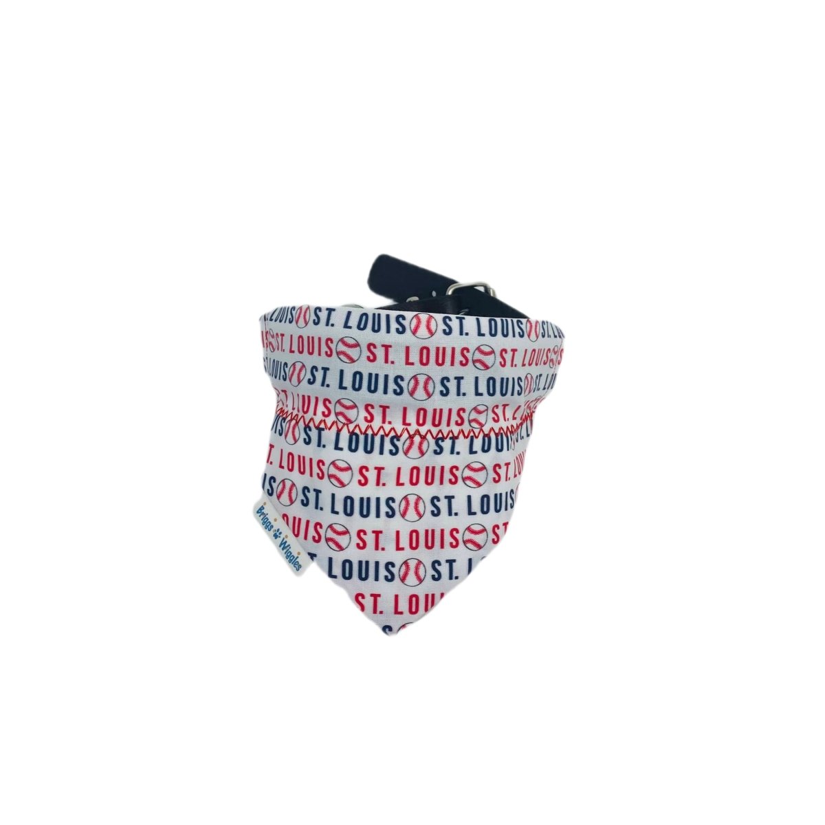 Close-up of a handmade St. Louis Cardinals reversible dog bandana, highlighting intricate baseballs and St. Louis written out in team-colors.
