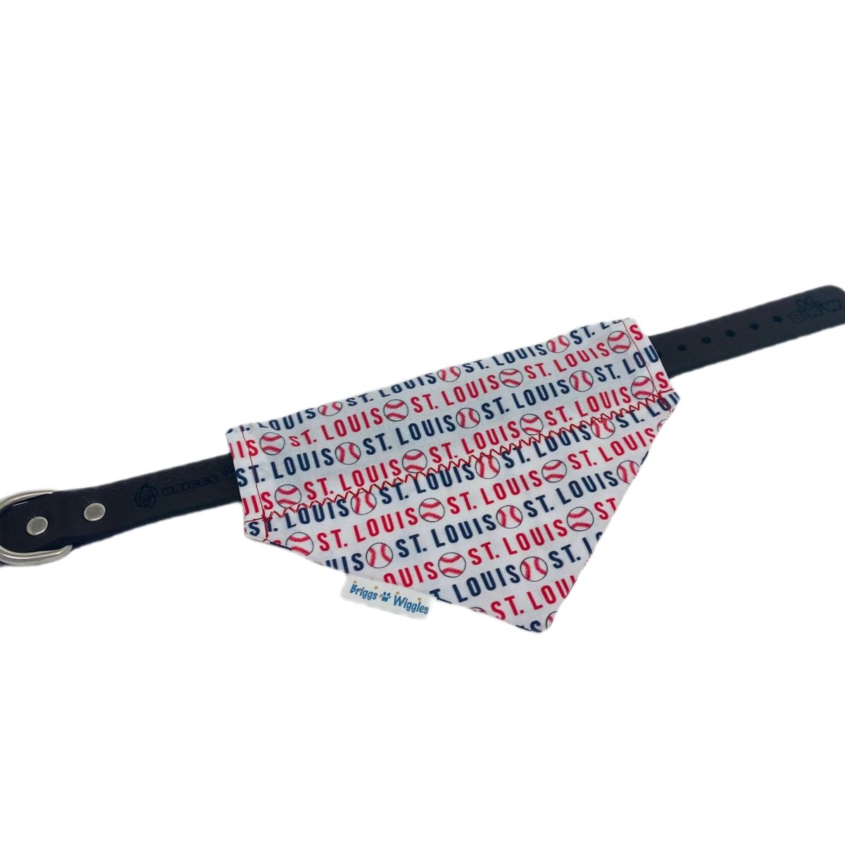 Flat lay of a reversible Cardinals themed dog bandana with a baseball designs with an over-the-collar fit.