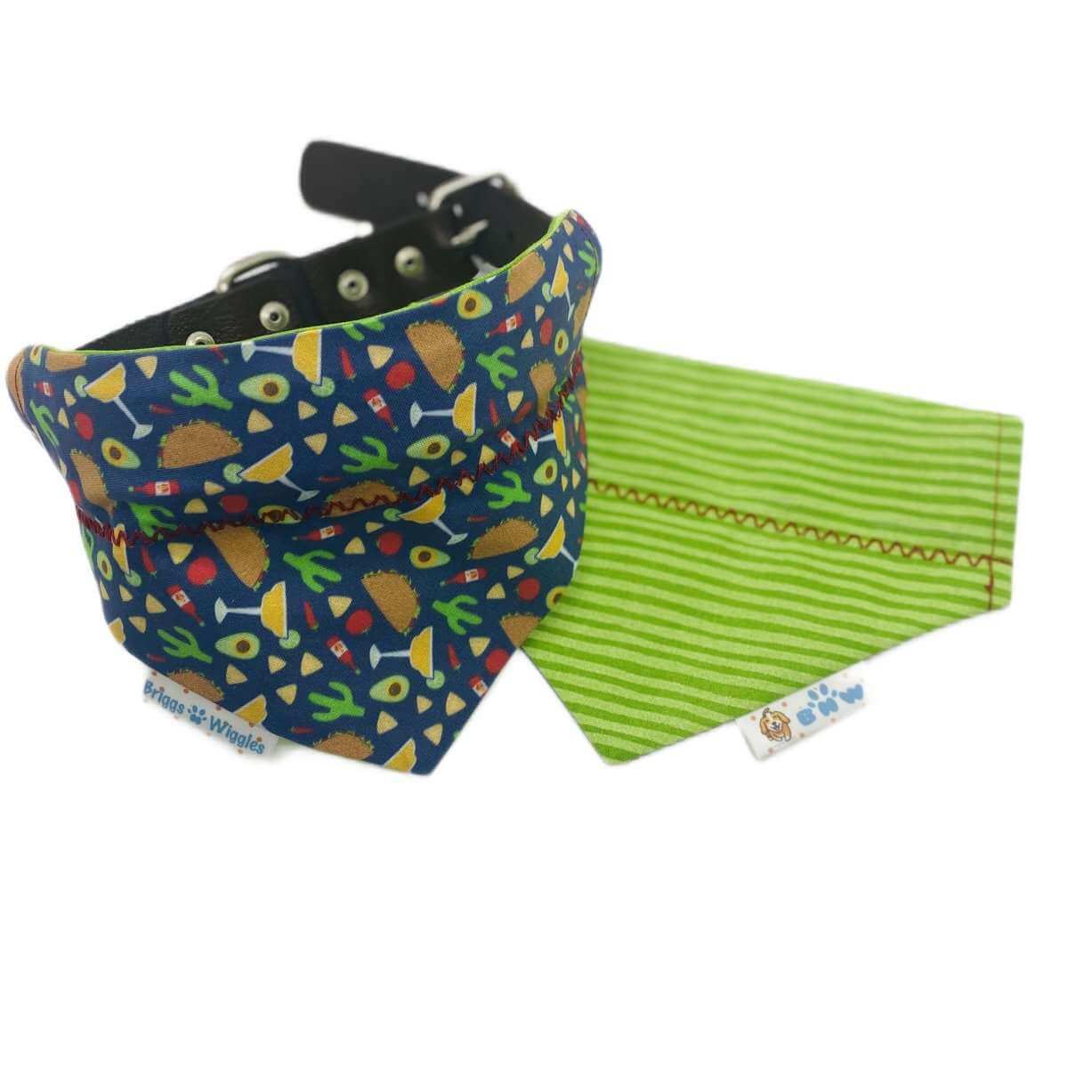 Reversible dog bandana shown front and back, featuring taco and margarita print on one side and a festive design on the other.