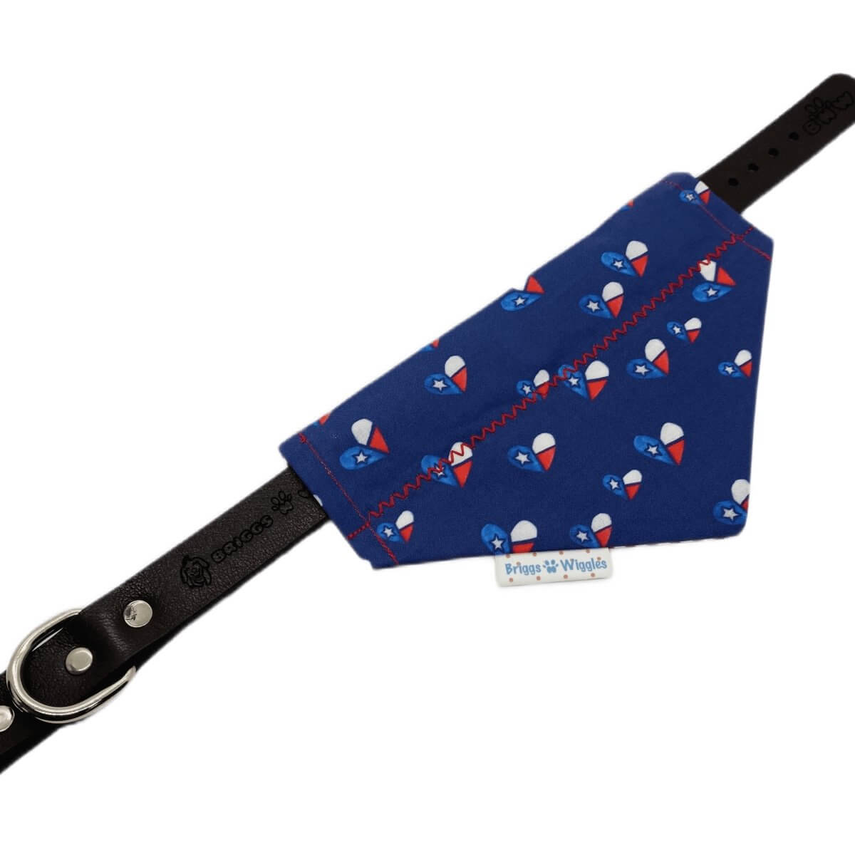 Texas love and pride dog bandana over the collar, showing its secure fit. Perfect for everyday use or special occasions.