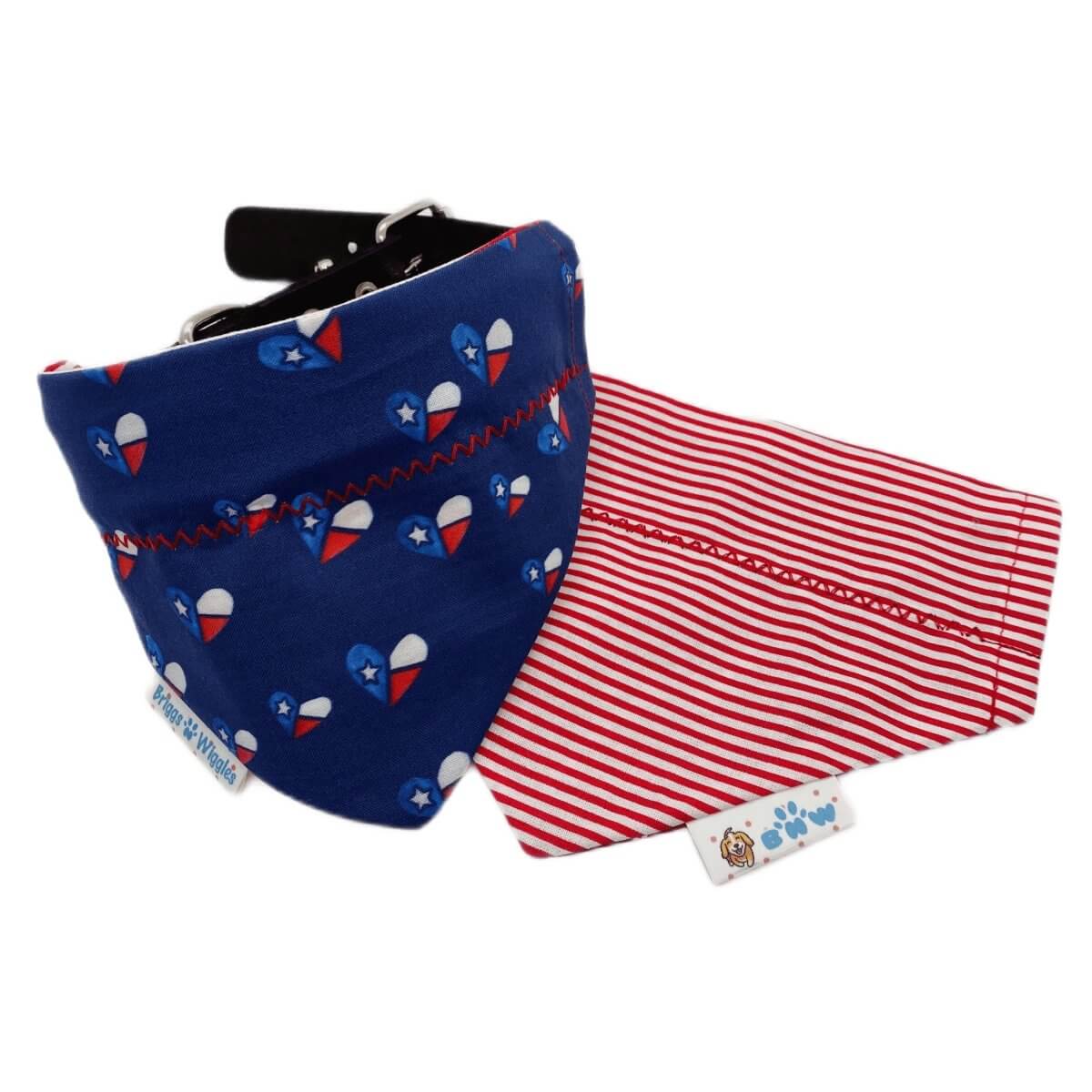Texas love and pride, dog bandana showcasing front and reverse sides, featuring vibrants texas-themed design. Handmade pet accessory by Briggs 'n' Wiggles.
