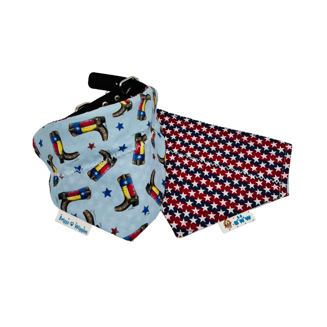 Reversible Texas Rodeo Boots Dog Bandana featuring floating Texas flag boots, stars on a light blue background on one side and a complimentary design on the back.