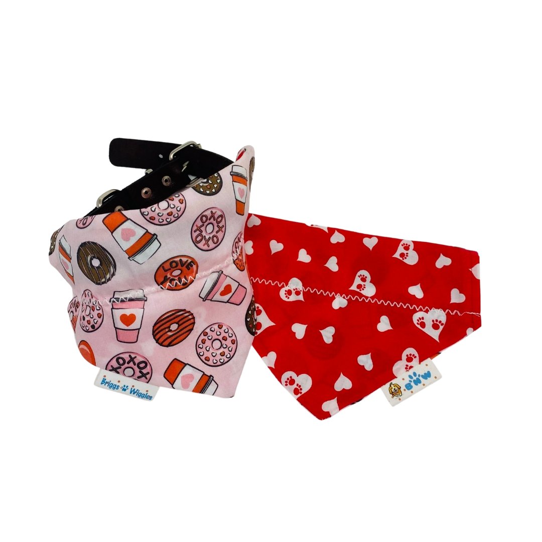 Valentine Coffee & Donuts dog bandana with a pink background, featuring a fun and festive design perfect for Valentine's Day.