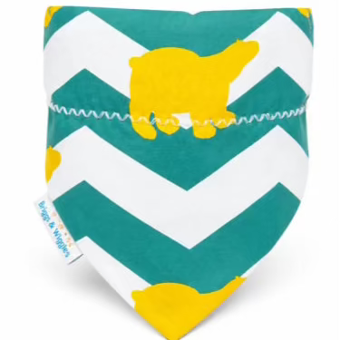 A triangular bandana-style pet bib with a teal and white chevron pattern, yellow bear silhouettes, and a small white tag on the side, photographed on a plain white background.