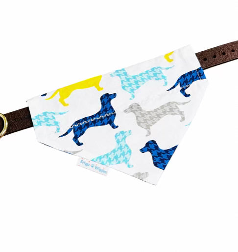 Reversible handmade dachshund dog bandana featuring blue houndstooth dachshunds on one side and a blue plaid print on the reverse.