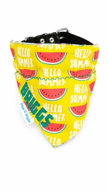 Hello Summer Watermelon Dog Bandana on Yellow Background