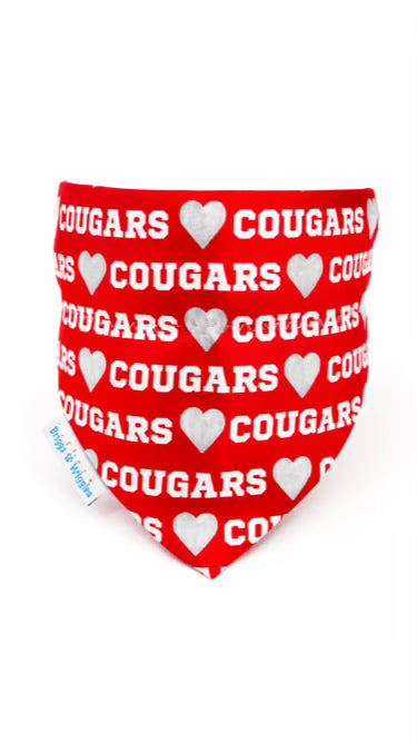 A red triangular pet bandana featuring a repeating pattern of the word 'COUGARS' in white next to white and silver hearts. A small white tag on the left side reads 'Doggy Vintages'.