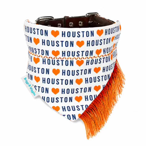 Houston baseball-inspired reversible dog bandana with Houston orange and navy print and orange fringe on leather collar.