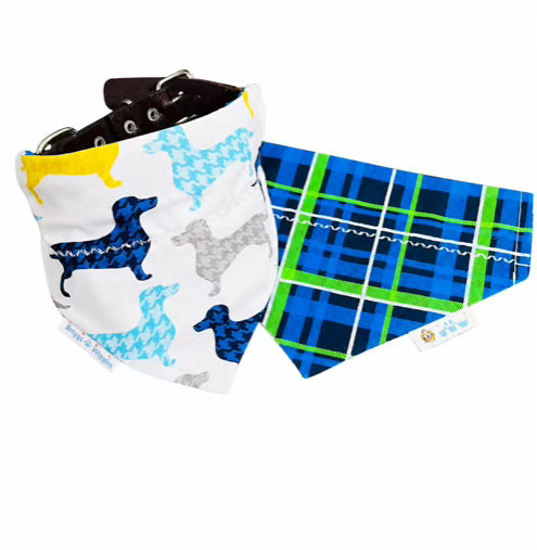 Reversible handmade dachshund dog bandana featuring blue houndstooth dachshunds on one side and a blue plaid print on the reverse.