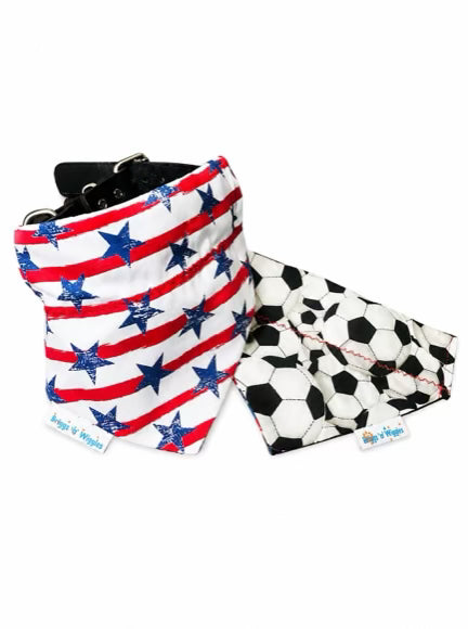 Reversible design, stars and stripes on the front with soccer balls on the back.