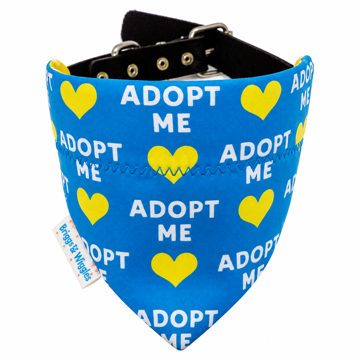 Blue Adopt Me dog bandana with yellow hearts for rescue and foster dogs