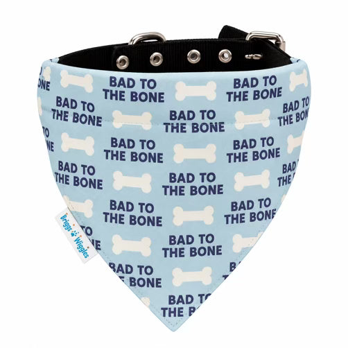 Blue Bad to the Bone dog bandana with navy lettering and white bone print, handmade slide-on dog collar bandana by Briggs ’n’ Wiggles
