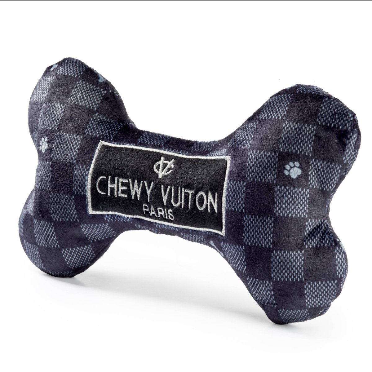 Black Checker Chewy Vuiton Bone Squeaker Dog Toy: Large - Briggs 'n' Wiggles