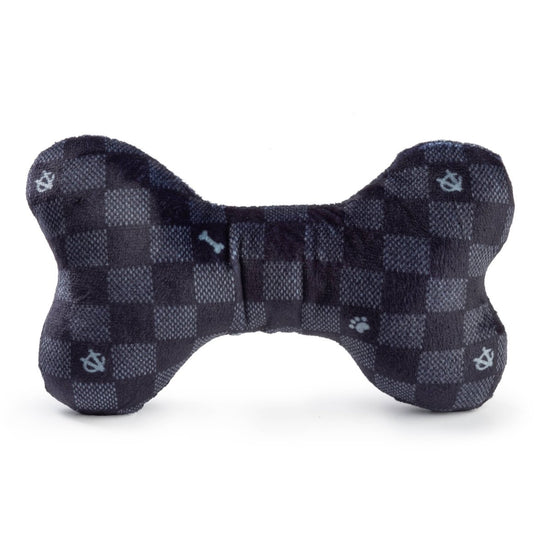 Black Checker Chewy Vuiton Bone Squeaker Dog Toy: Large - Briggs 'n' Wiggles