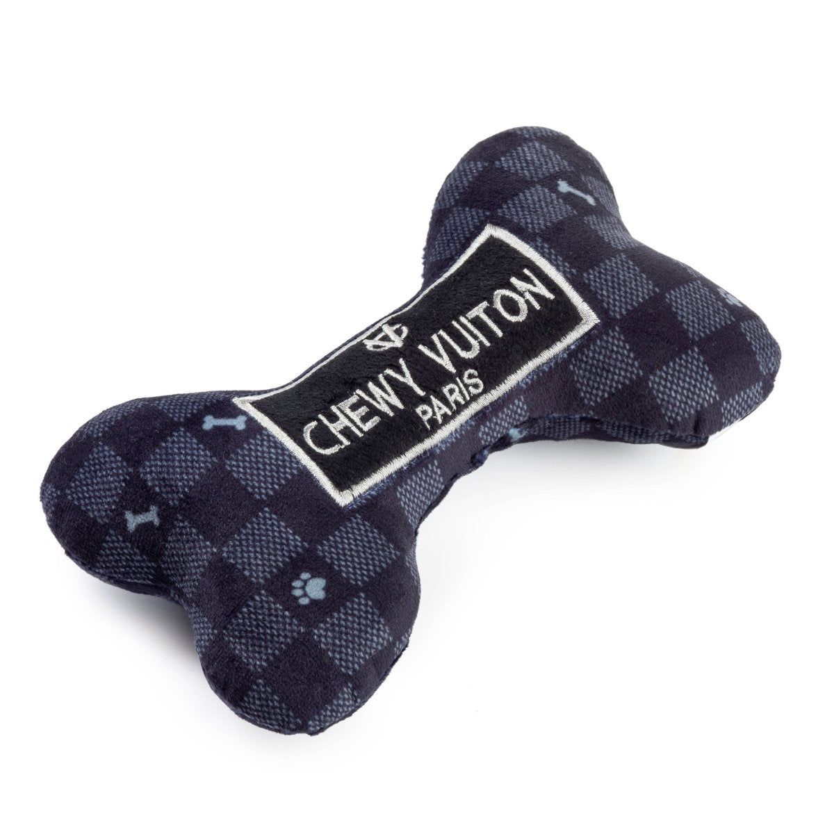 Black Checker Chewy Vuiton Bone Squeaker Dog Toy: Large - Briggs 'n' Wiggles