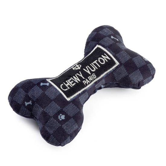 Black Checker Chewy Vuiton Bone Squeaker Dog Toy: Large - Briggs 'n' Wiggles